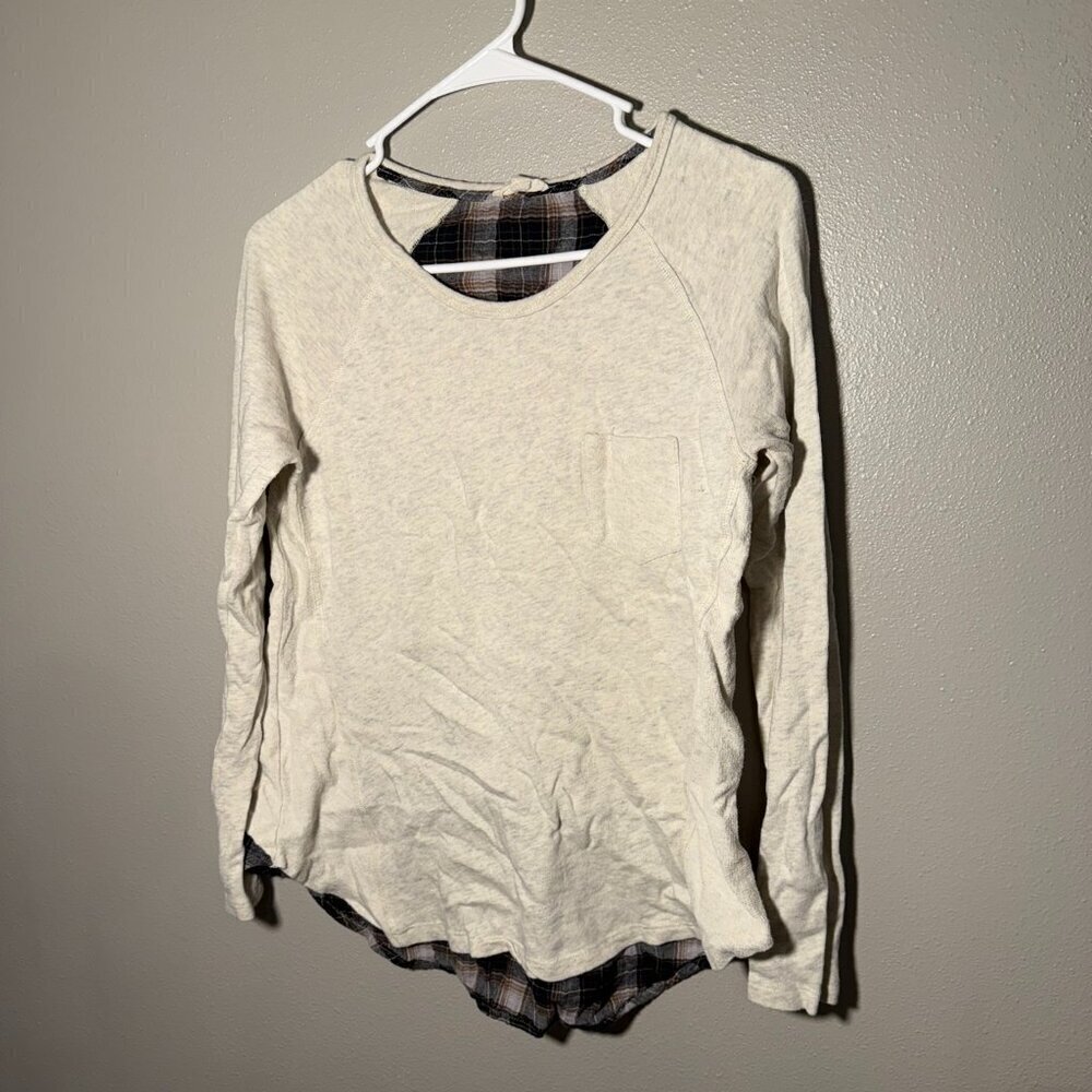 Hem & Thread top - cream and plaid accent